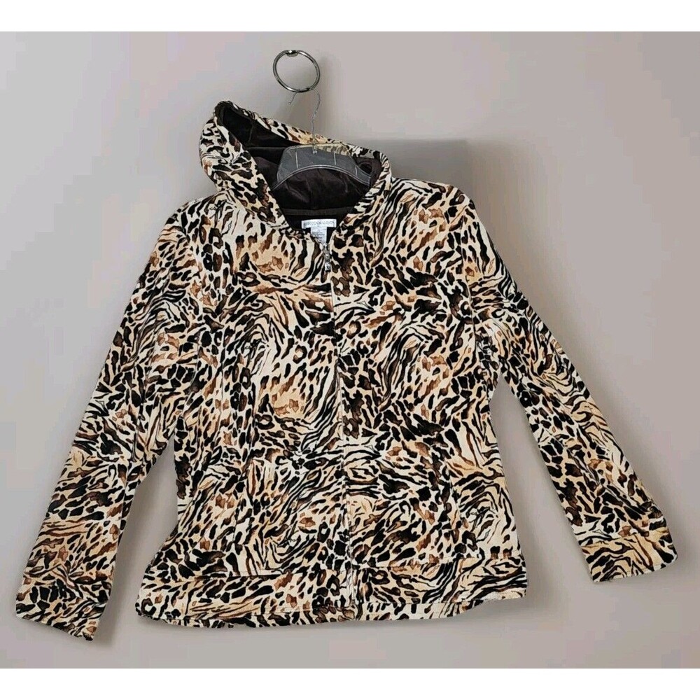 Rebecca Malone Velour Jacket Womens XL Leopard Print Hooded Full Zip Long Sleeve